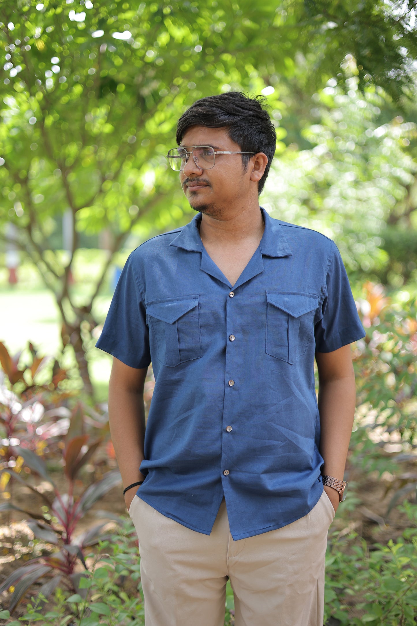 Midnight Blue Dual Pocket Cotton-Linen Shirt