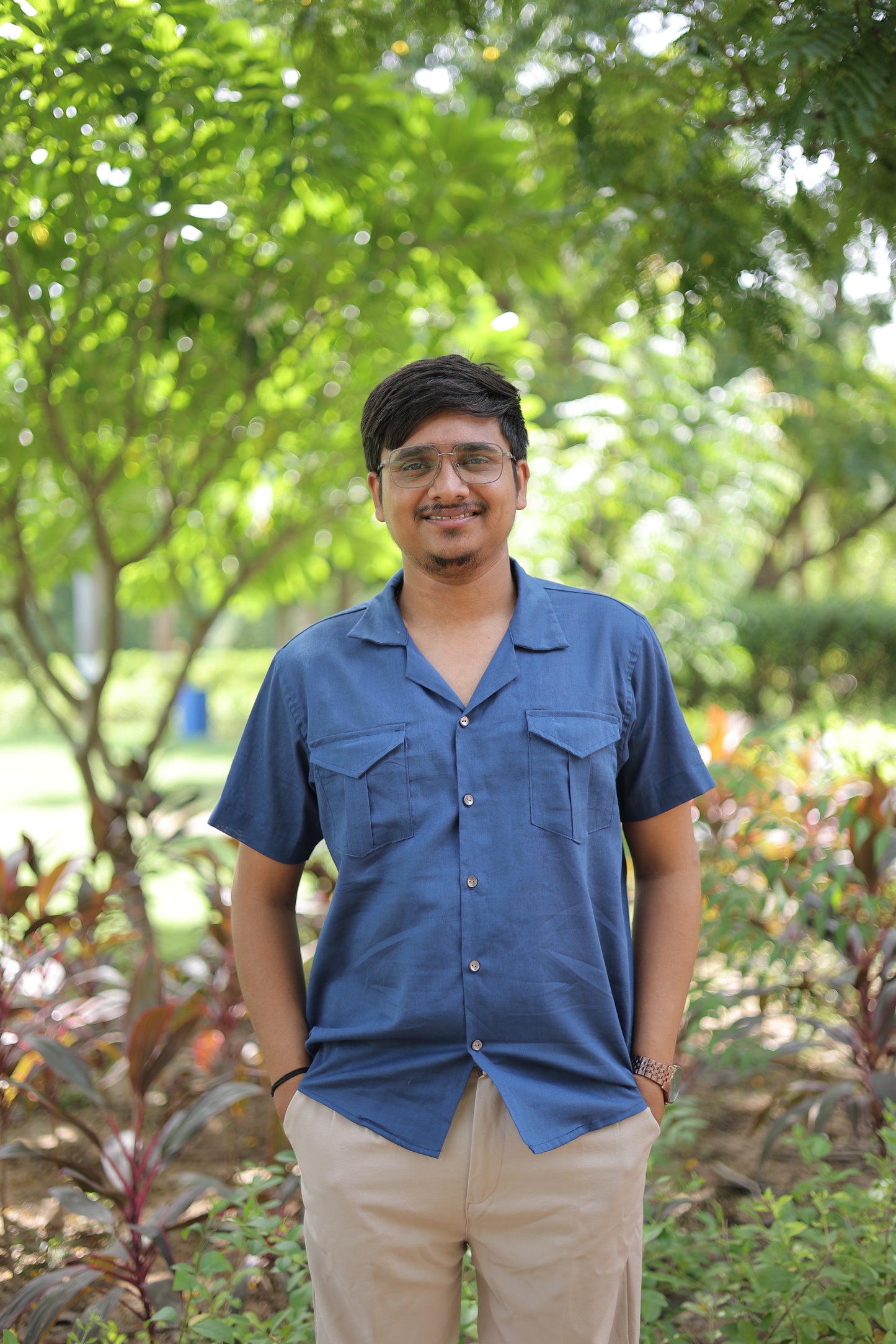 Midnight Blue Dual Pocket Cotton-Linen Shirt