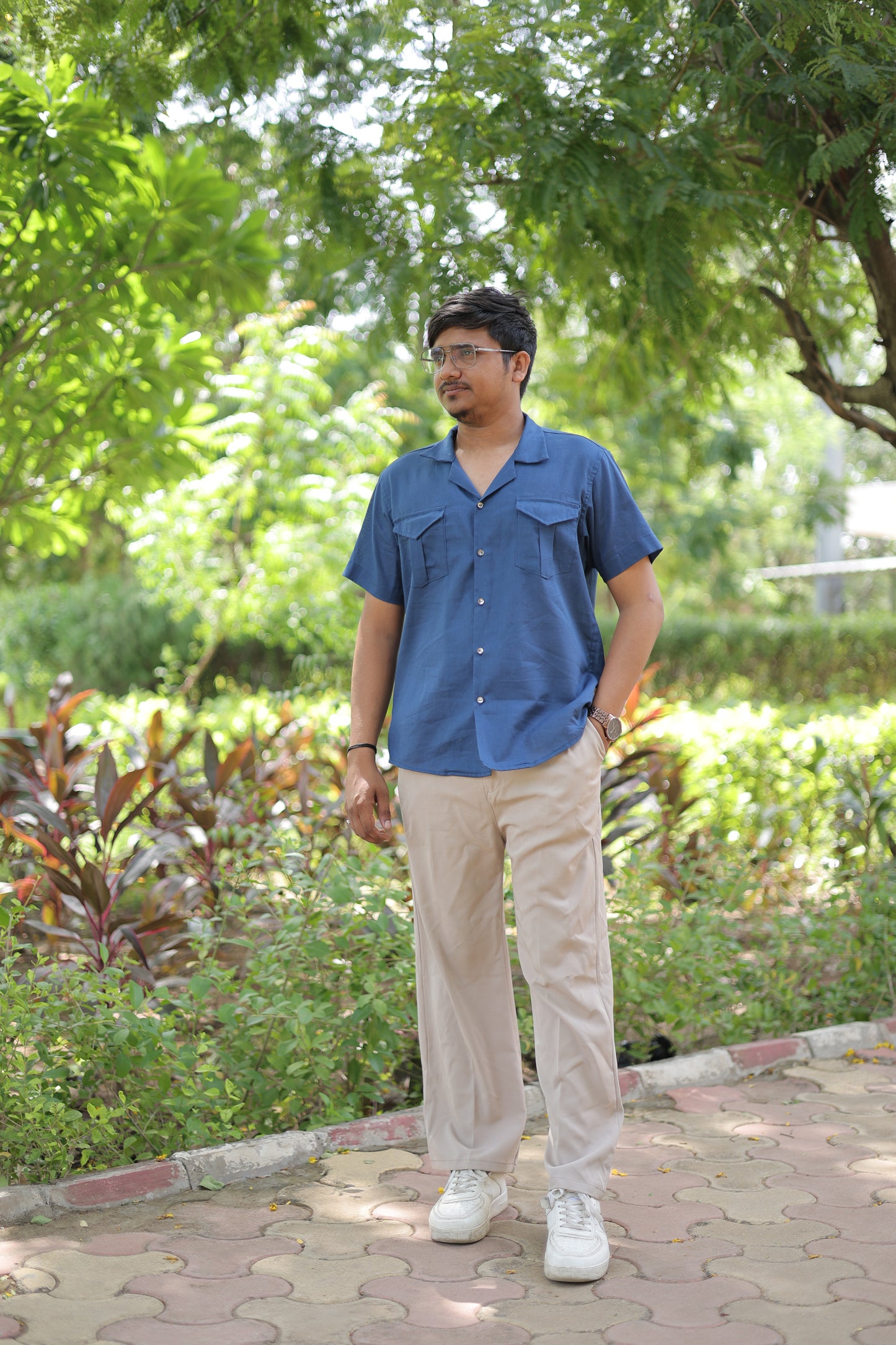 Midnight Blue Dual Pocket Cotton-Linen Shirt
