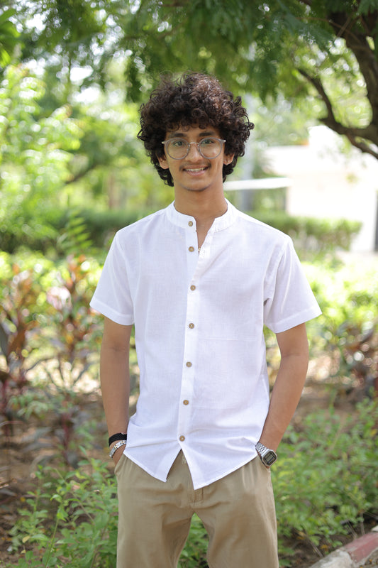 White Mandarin Collar Cotton-Linen Shirt